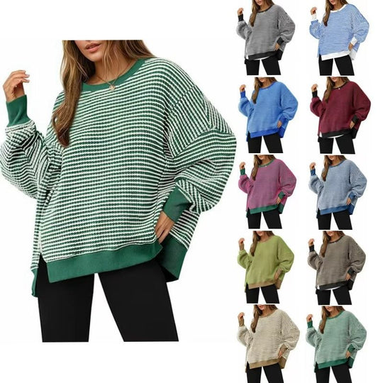 Damen Gestreifter Oversize-Sweater mit Rundhalsausschnitt und Seitenschlitzen Shop Nory