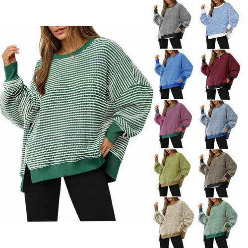 Damen Gestreifter Oversize-Sweater mit Rundhalsausschnitt und Seitenschlitzen Shop Nory