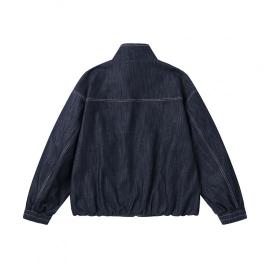 Unisex Kastenförmige Jeans-Blousonjacke mit Stehkragen, Reißverschluss und elastischem Saum Shop Nory