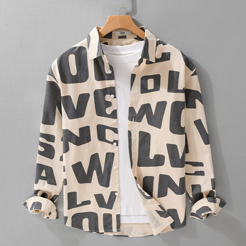 Herren Baumwoll-Overshirt mit Allover-Lettering-Print, Relaxed-Fit und Kentkragen Shop Nory