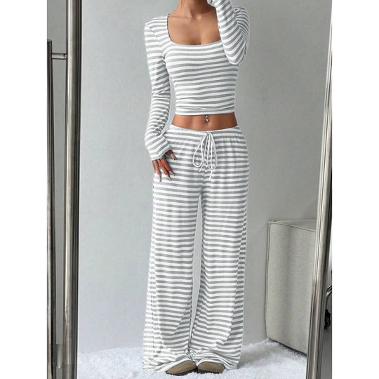 Damen Gestreifter Lounge-Zweiteiler mit weitem Bein und Cropped Langarmtop Shop Nory