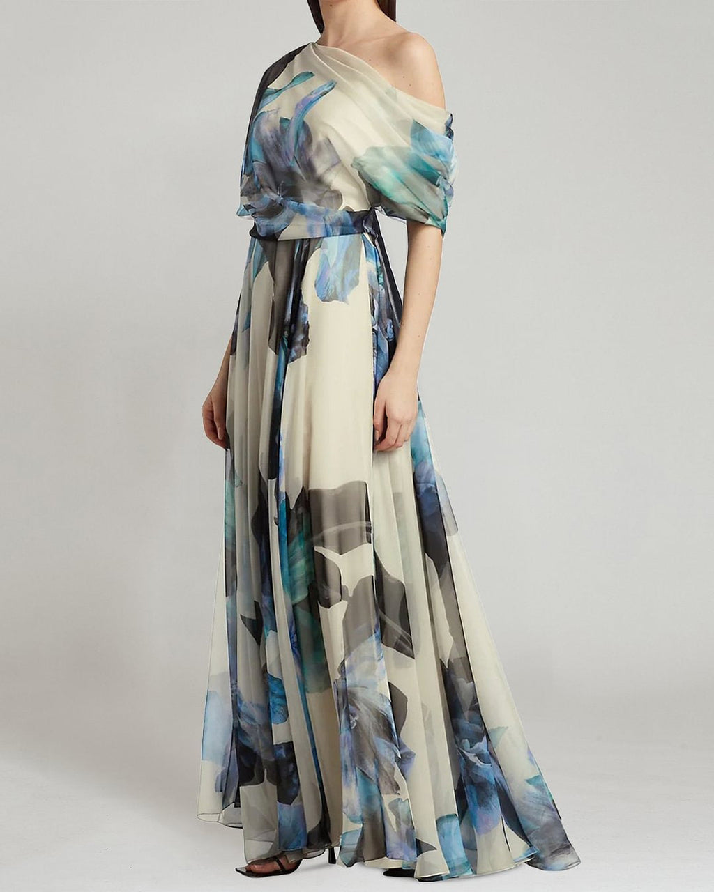 Damen elegantes Chiffon-Kleid mit schulterfreiem Design und floralem Muster