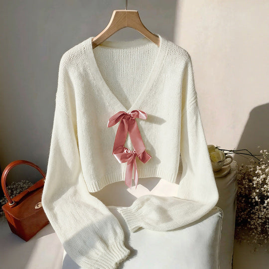 Damen Kurzgeschnittener V-Ausschnitt Mohair-Mix Pullover mit Satinschleifen Shop Nory
