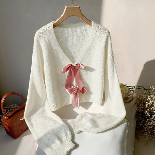 Damen Kurzgeschnittener V-Ausschnitt Mohair-Mix Pullover mit Satinschleifen Shop Nory
