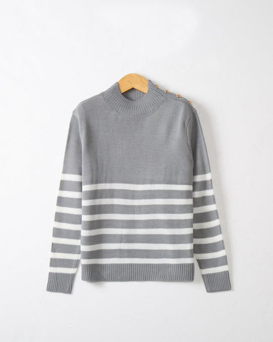 Damen Gestreifter Rollkragenpullover mit dekorativen Schulterknöpfen und Rippbündchen Shop Nory