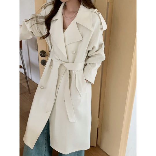 Damen Midilanger Trenchcoat mit Oversize-Schultern und Perlmuttknöpfen Shop Nory