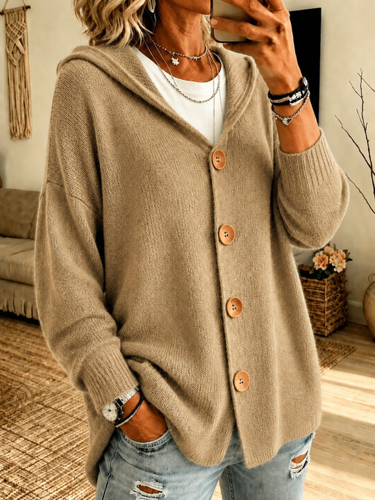 Damen Kapuzen-Cardigan Oversize mit Holzknöpfen und Rippbündchen Shop Nory