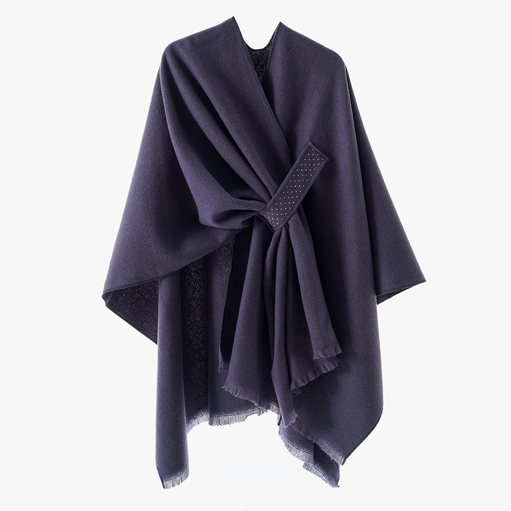 Damen Eleganter Wickel-Umhang aus Wollmischung mit Taillenschärpe und Fransensaum Shop Nory