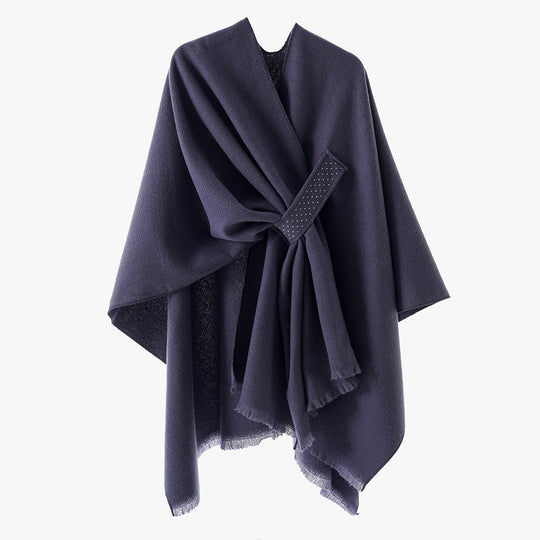 Damen Eleganter Wickel-Umhang aus Wollmischung mit Taillenschärpe und Fransensaum Shop Nory
