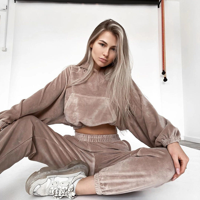Damen Samt-Cropped-Loungewear-Set mit Kapuzenpullover und elastischer High-Waist-Jogginghose Shop Nory