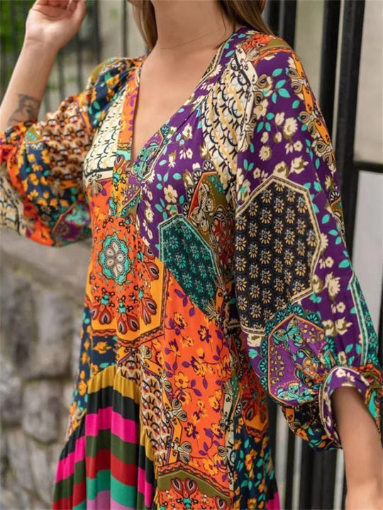 Damen Maxikleid mit buntem Patchwork-Design und voluminösen Ärmeln Shopnory