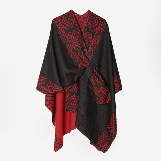 Damen Reversibler Wollmix-Cape mit Bindeschlaufe und feinem Jacquardmuster Shop Nory