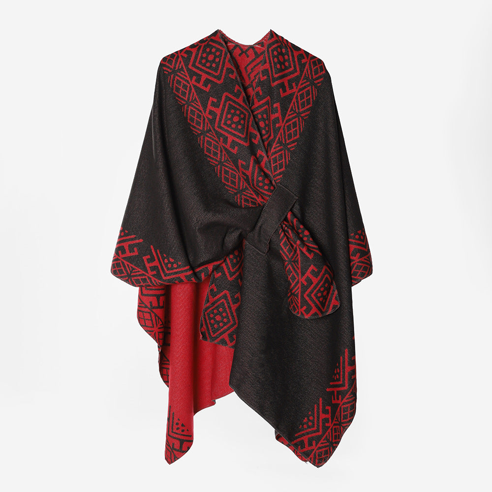Damen Capeponcho mit Knotenverschluss, doppellagigem Jacquard und weichem Wollmix Shop Nory
