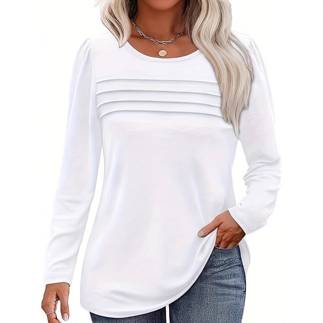 Damen Feines Langarmshirt mit Rundhalsausschnitt, dekorativen Kellerfalten und leicht taillierter A‑Linie Shop Nory