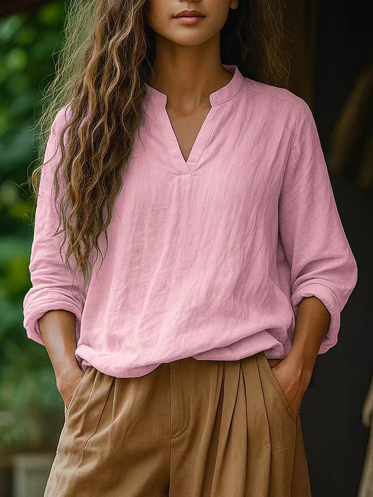 Damen Casual Tunika-Bluse in Leinenoptik mit kleinem Stehkragen und V‑Schlitz Shop Nory