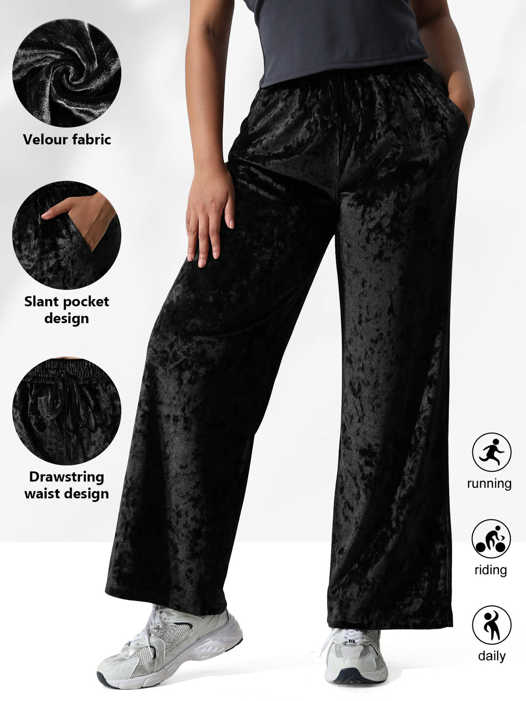 Damen Velours-Hose mit weitem Bein, Tunnelzug und Eingrifftaschen Shopy Nory
