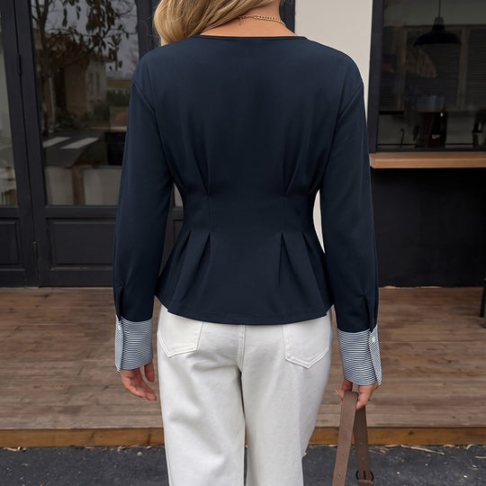 Damen Tailliertes Peplum‑Top mit Kellerfalten, Rundhalsausschnitt und Kontrastbündchen Shop Nory