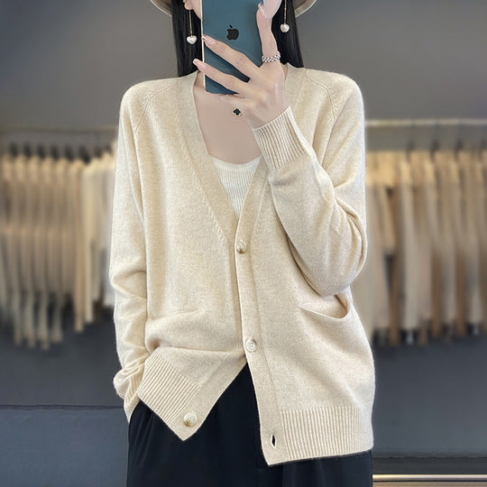 Damen Lässiger Feinstrick-Cardigan mit V‑Ausschnitt, Eingrifftaschen und breitem Rippbund Shop Nory