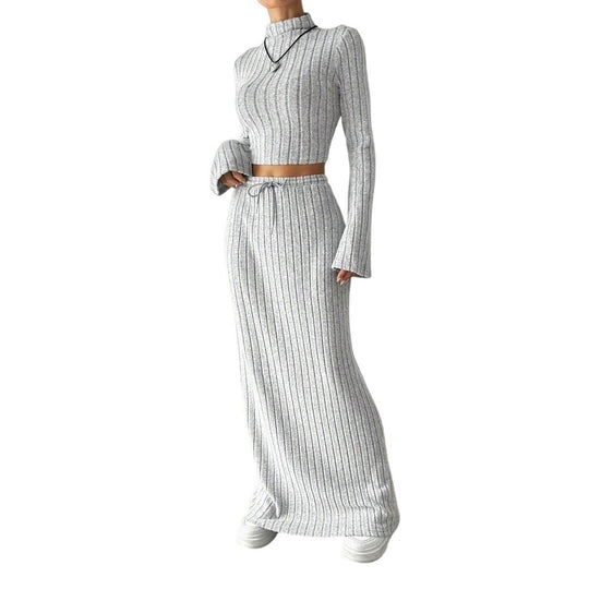 Damen gerippter Lounge-Zweiteiler mit Stehkragen-Crop und hochgeschnittenem Maxirock Shop Nory