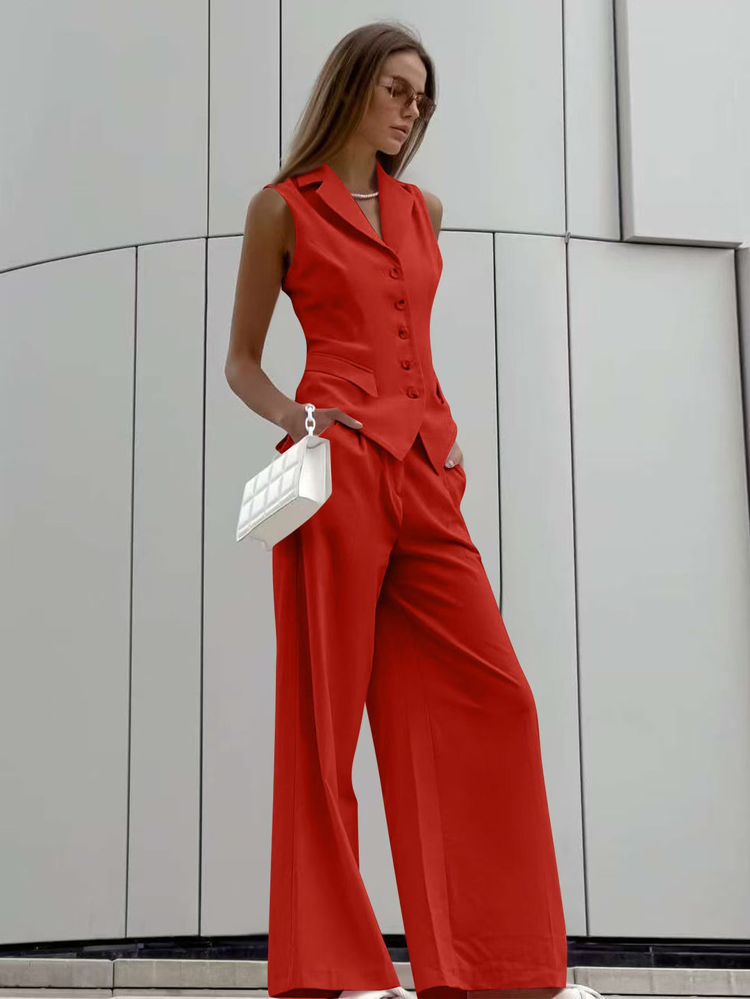 Damen Ärmelloses Tailoring-Zweiteiler mit taillierter Weste und weiter Marlenehose Shop Nory