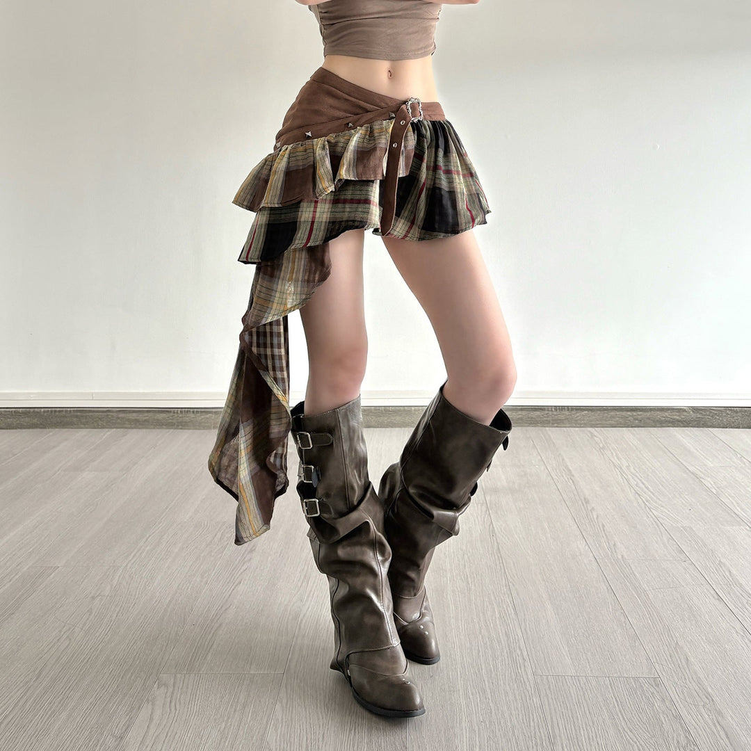 Damen Verspielter Karorock mit asymmetrischem Schnitt und verstellbarem Bund