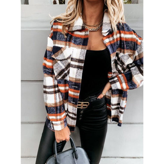 Damen Oversized Karo-Hemdjacke mit Druckknöpfen und aufgesetzten Brusttaschen Shop Nory