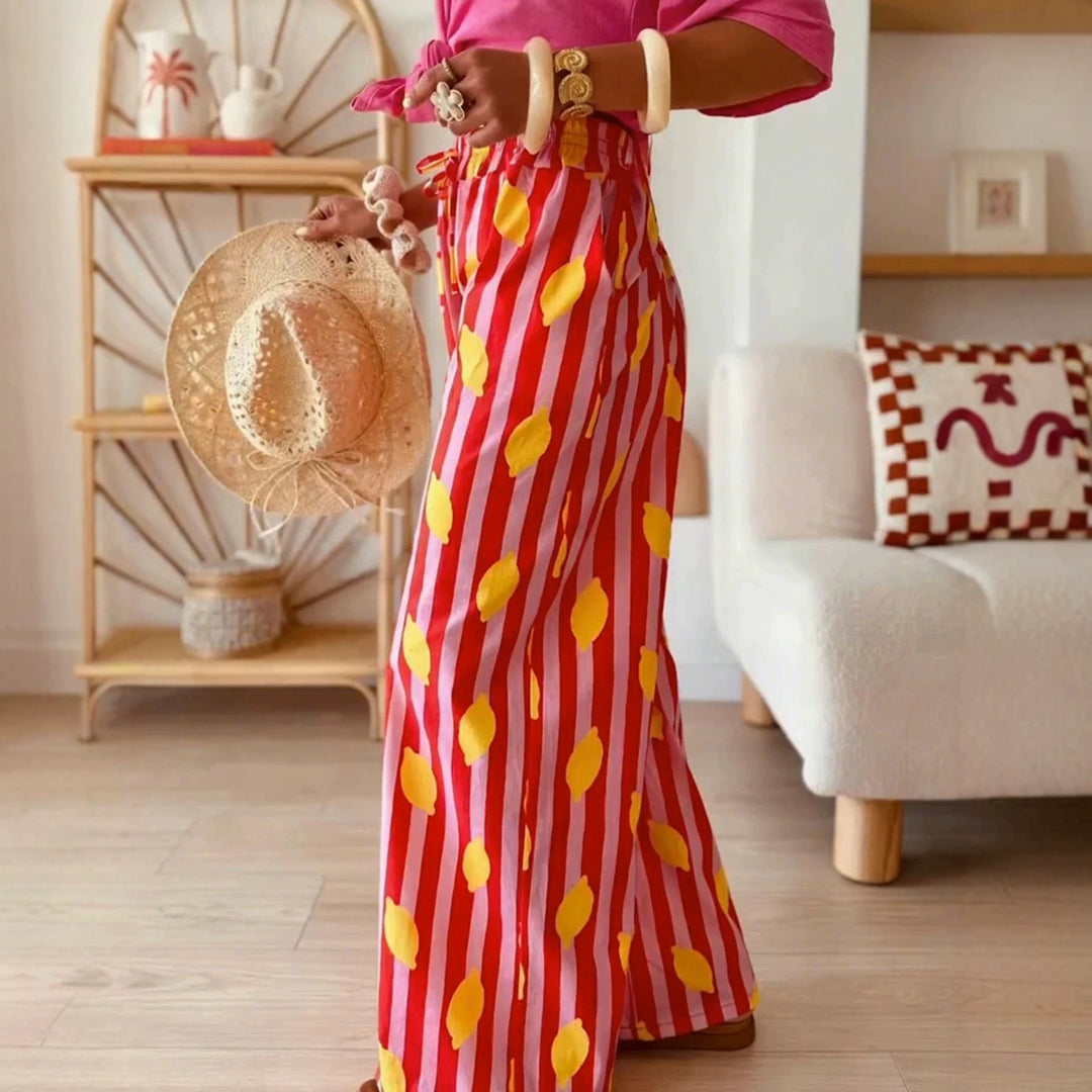 Damen Weite High‑Waist Sommerhose mit Gummibund, Kordelzug und fröhlichem Zitronen‑Print Shop Nory
