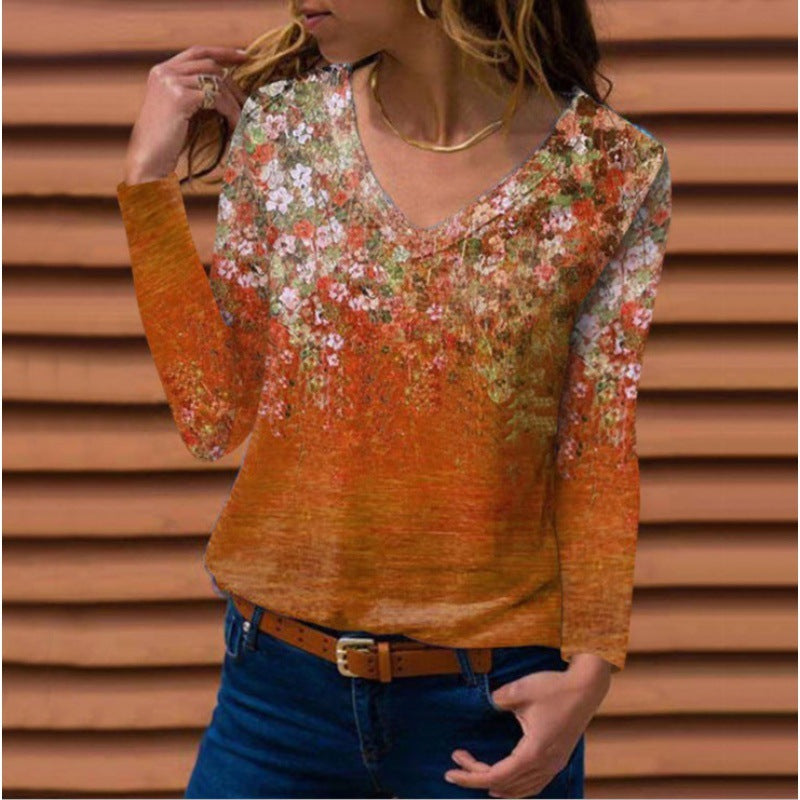 Damen Langarm V-Ausschnitt-Tunika mit floralem Aquarellprint und leichter Jersey-Qualität Shop Nory
