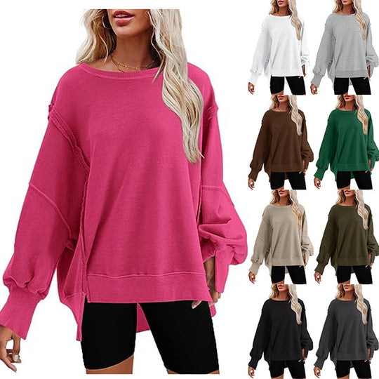Damen Oversized Sweatshirt mit Ballonärmeln, seitlichen Schlitzen und offenen Kanten Shop Nory