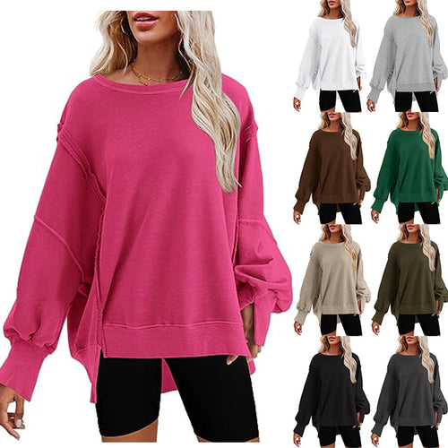 Damen Oversized Sweatshirt mit Ballonärmeln, seitlichen Schlitzen und offenen Kanten Shop Nory