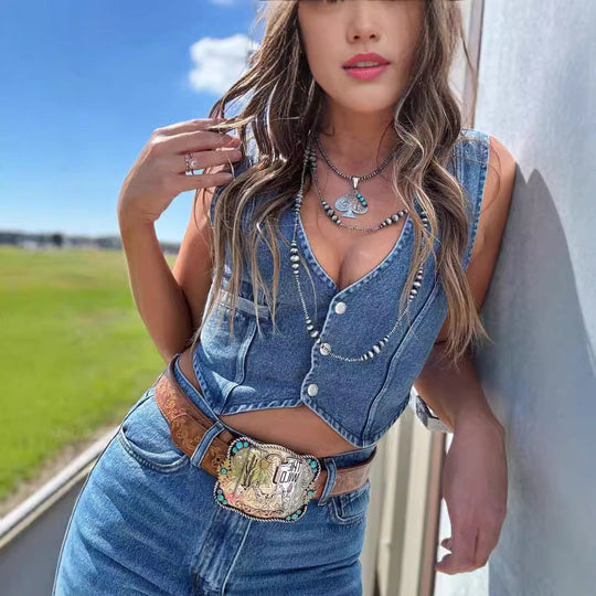 Damen jeansbezogene Cropped-Top-Weste