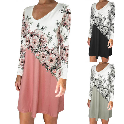 Damen Figurumspielendes V-Ausschnitt Minikleid mit floraler Druckbordüre und Langarm Shop Nory