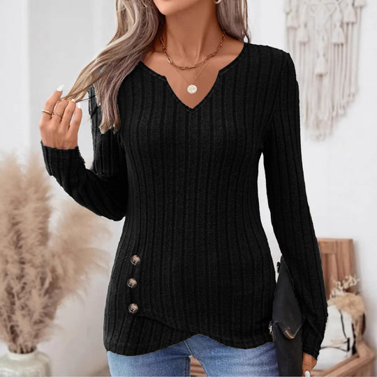 Damen Geripptes Longsleeve-Tunika mit V-Ausschnitt und seitlichen Zierknöpfen Shop Nory
