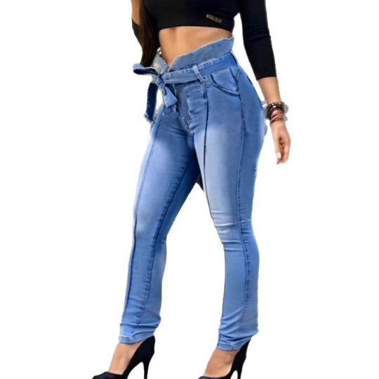 Damen Hochtaillierte Paperbag-Skinny-Jeans mit Bindegürtel und vertikaler Nahtführung Shop Nory