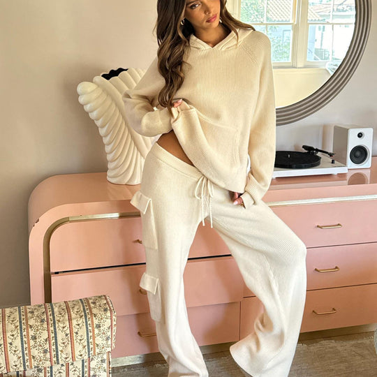 Damen geripptes Strick-Loungewear-Set mit Kapuzenpullover und Cargo-Hose Shop Nory