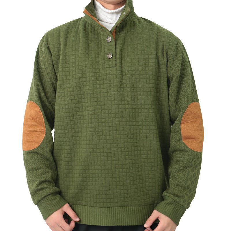 Herren Waffelstrick-Halbzip-Pullover mit Stehkragen Lederbesatz und Ellbogenpatches Shop Nory