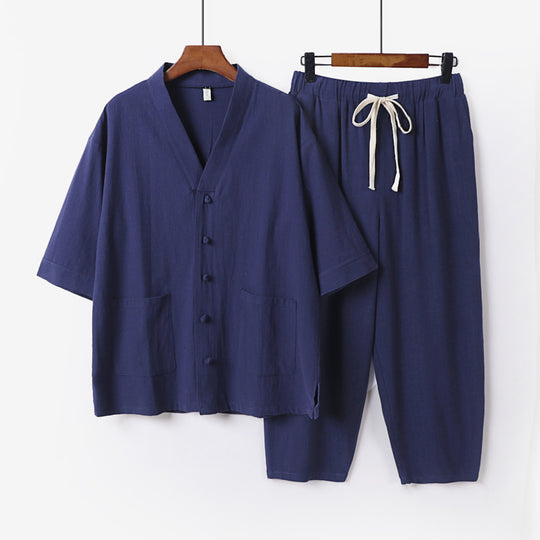 Unisex Leichtes Kimono-Lounge-Set aus Baumwoll-Leinen mit Kurzarmjacke und Kordelbund-Hose Shop Nory
