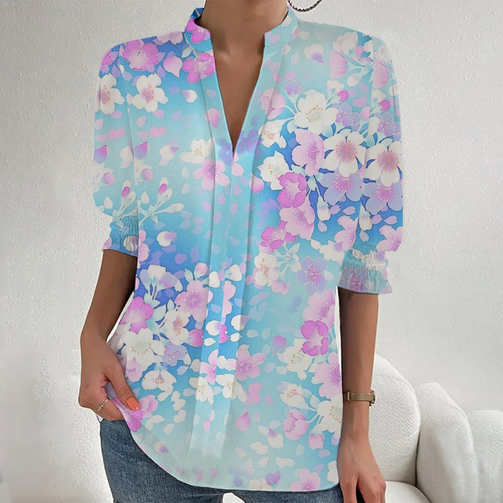 Damen Blumenprint Tunika-Bluse mit Stehkragen, geschlitzter V‑Blende und gerafften 3/4-Ärmeln Shop Nory