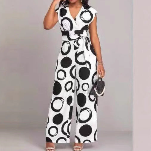 Damen Jumpsuit mit modernem Kreismuster und Taillengürtel