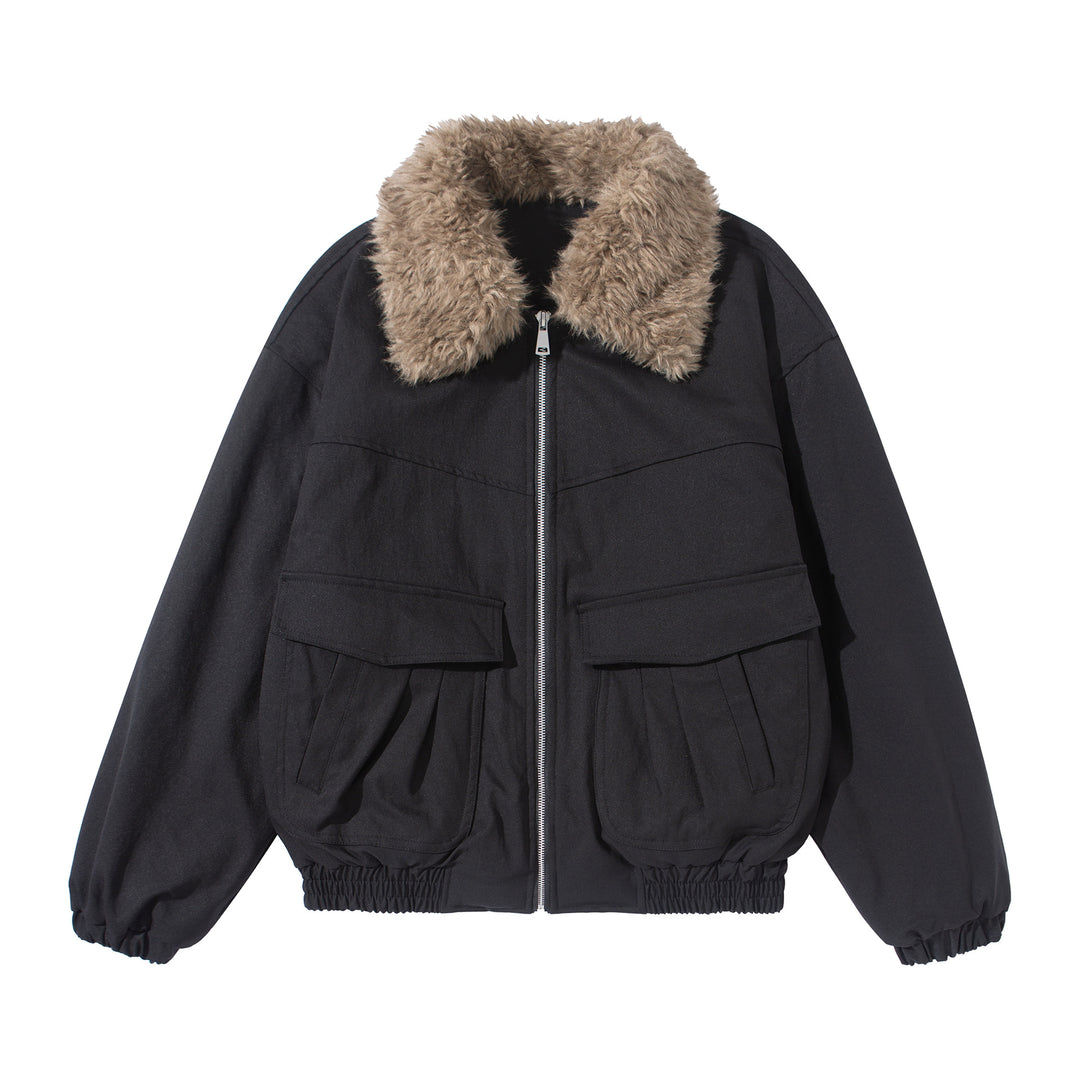 Damen Kurzblouson mit voluminösem Faux‑Fur‑Kragen, Känguru‑Taschen und elastischem Saum Shop Nory