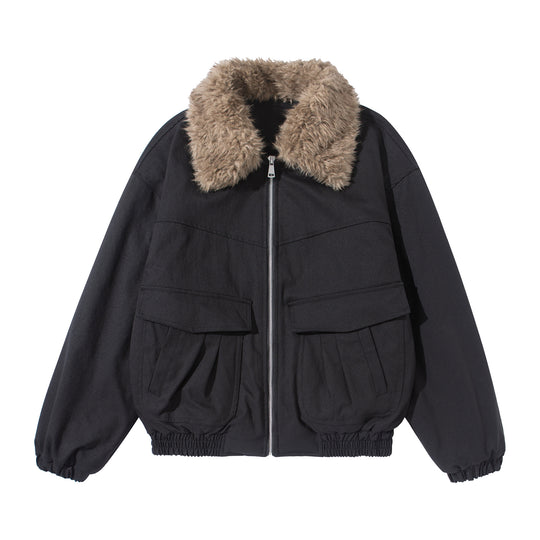 Damen Kurzblouson mit voluminösem Faux‑Fur‑Kragen, Känguru‑Taschen und elastischem Saum Shop Nory
