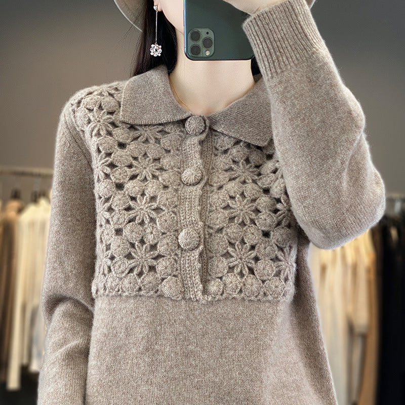 Damen Strickpullover mit gehäkelter Ajour‑Blende und Polokragen Shop Nory