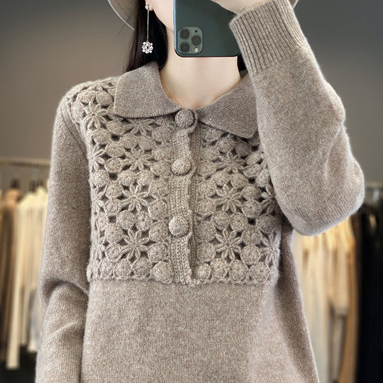 Damen Strickpullover mit gehäkelter Ajour‑Blende und Polokragen Shop Nory