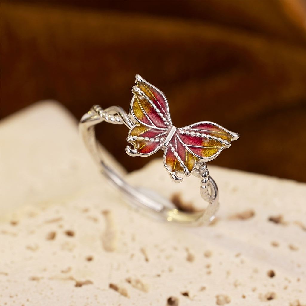 Damen filigraner Ring mit kunstvollem Schmetterlingsdesign und farbenfrohen Akzenten Shop Nory