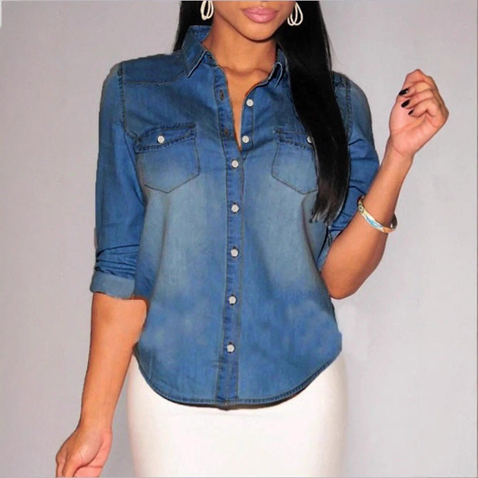 Damen taillierte Denim-Hemdbluse mit Brusttaschen und Perlmuttknöpfen Shop Nory