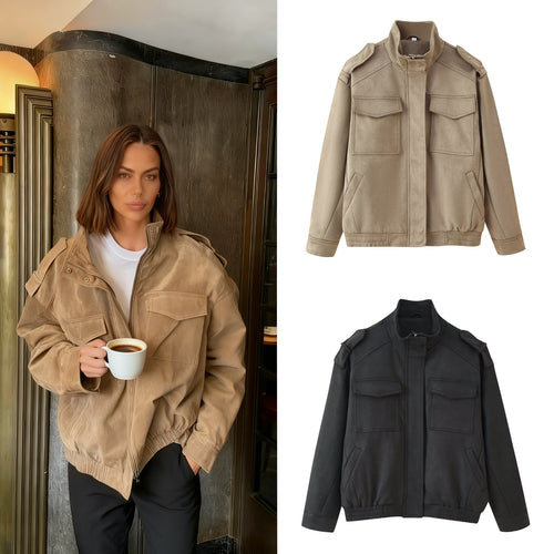 Damen Utility-Bomberjacke mit Schulterklappen, Stehkragen und aufgesetzten Pattentaschen Shop Nory