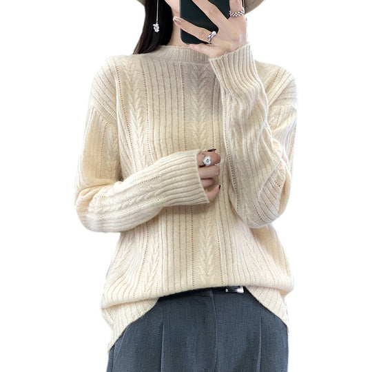 Damen Kaschmirähnlicher Feinstrick-Mockneckpullover mit Ajour‑Zopfmuster und lässiger Oversize‑Passform Shop Nory