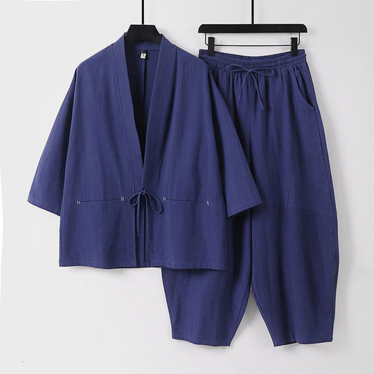 Unisex Modernes Kimono-Lounge-Set aus weichem Baumwollmix mit Kurzjacke, Tunnelzug-Hose und gerafften Knöcheln Shop Nory