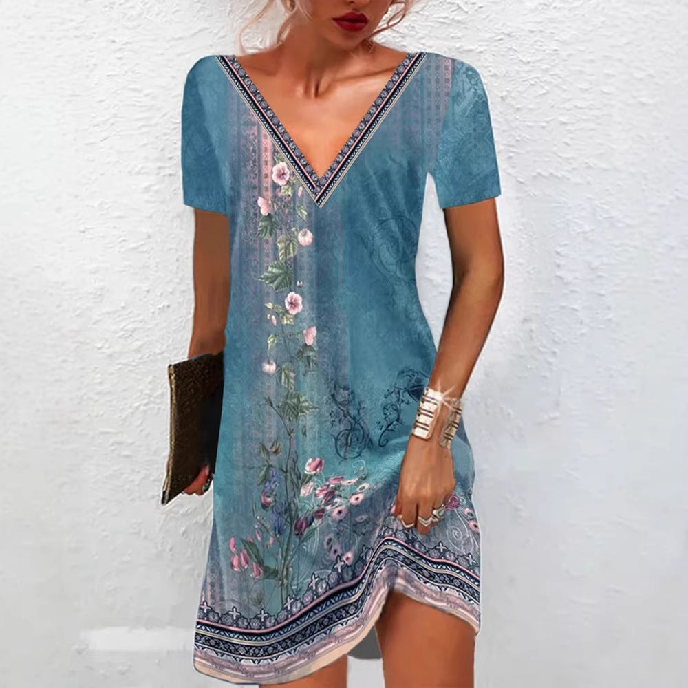 Frauen Floral V-Ausschnitt Tunika Kleid mit Border Print und langen Ärmeln Shop Nory