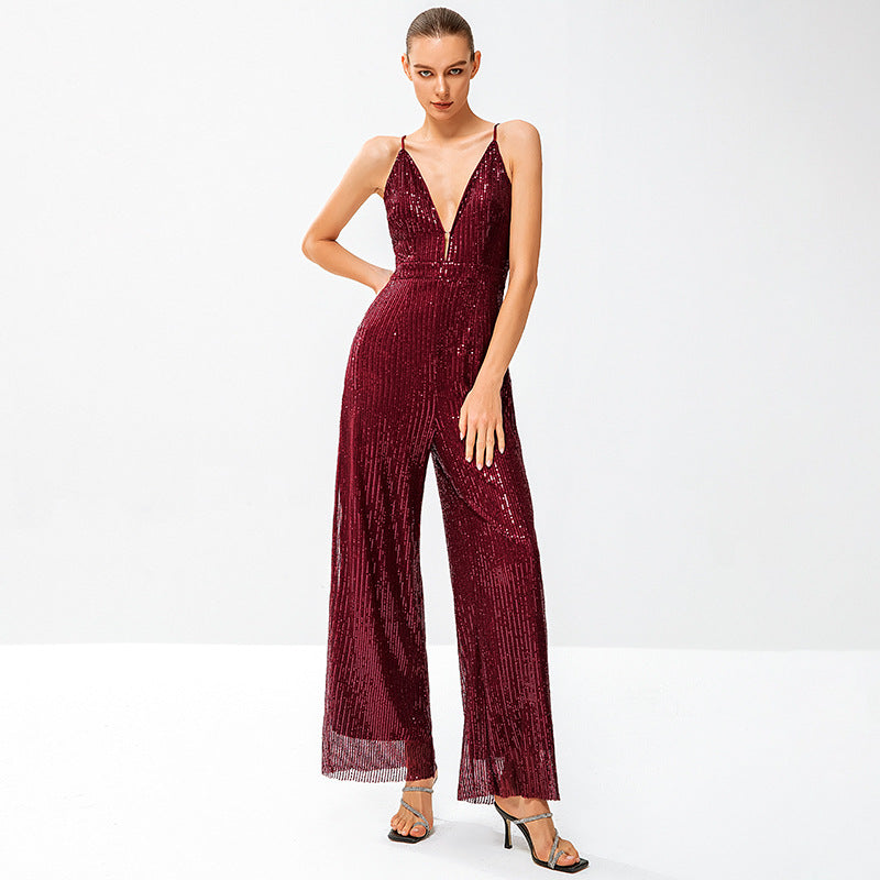 Damen Glitzernder Jumpsuit mit tiefem V-Ausschnitt und weitem Beinschnitt